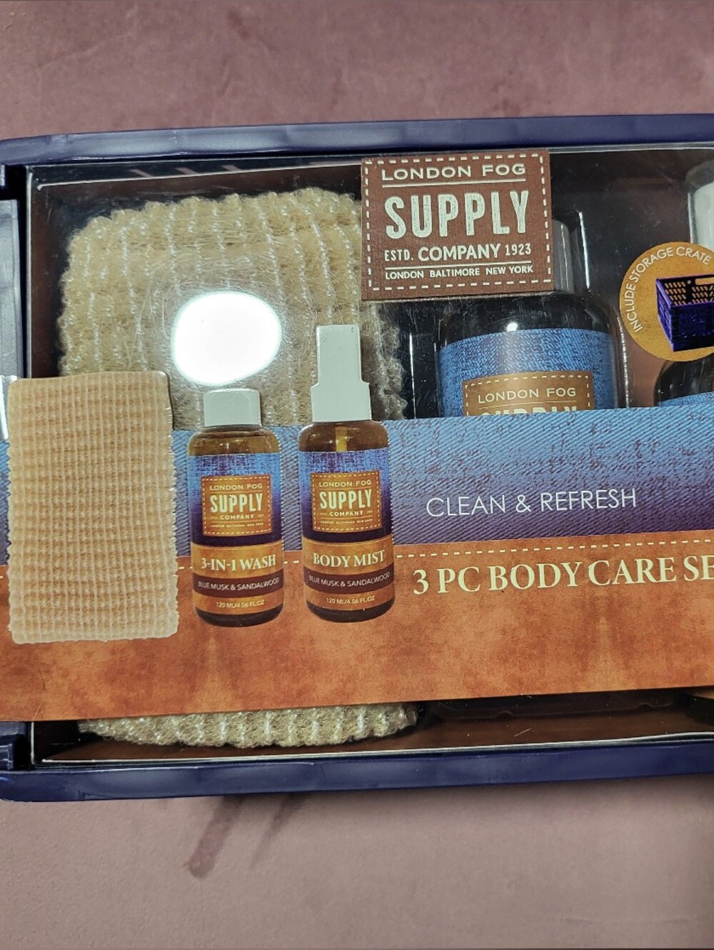 Brand New London Fog Supply 3-Piece Bath & Body Set in Beige and Blue